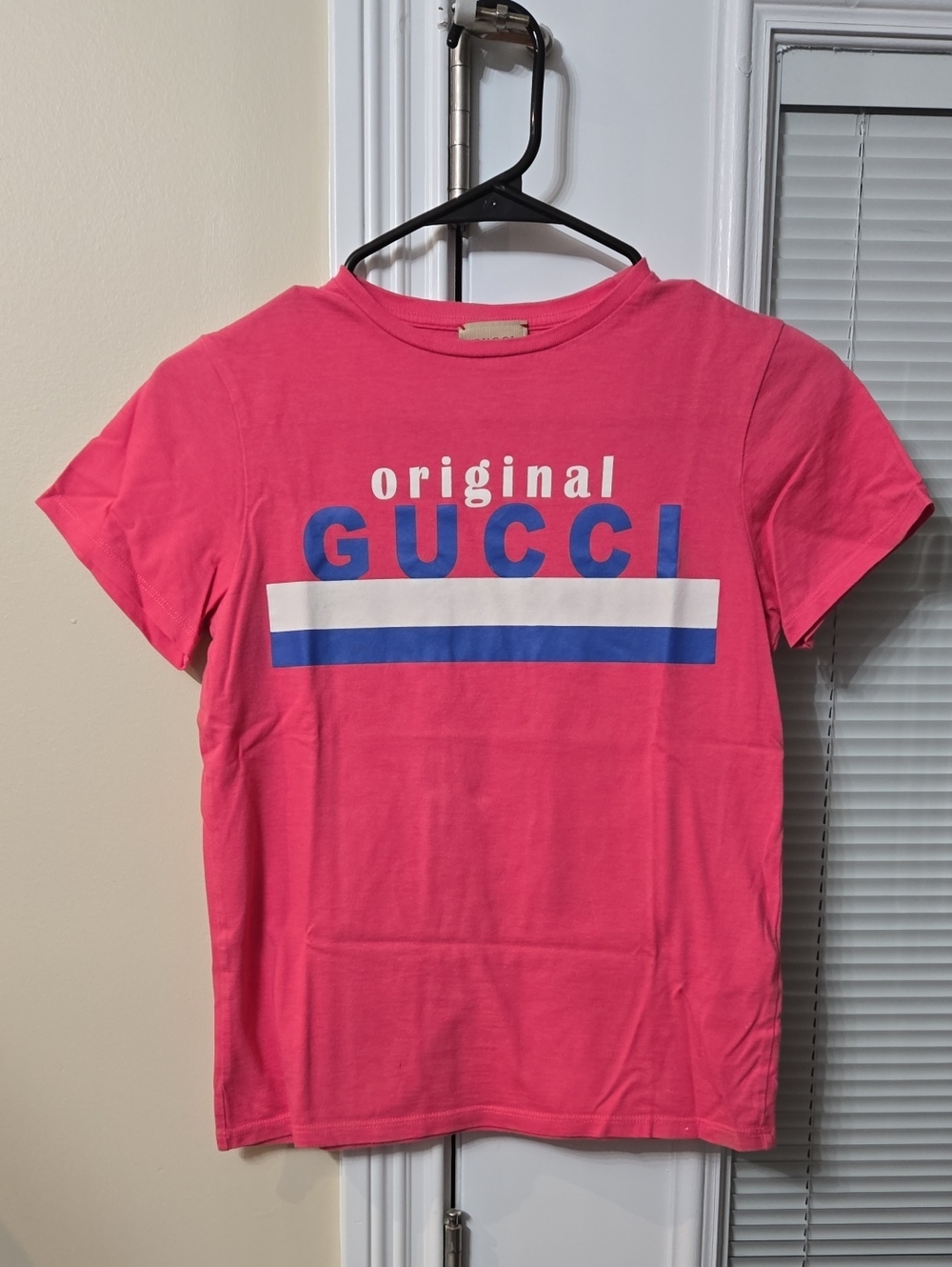 Gucci Pink Short Sleeve Tee with Blue & White Logo Stripe